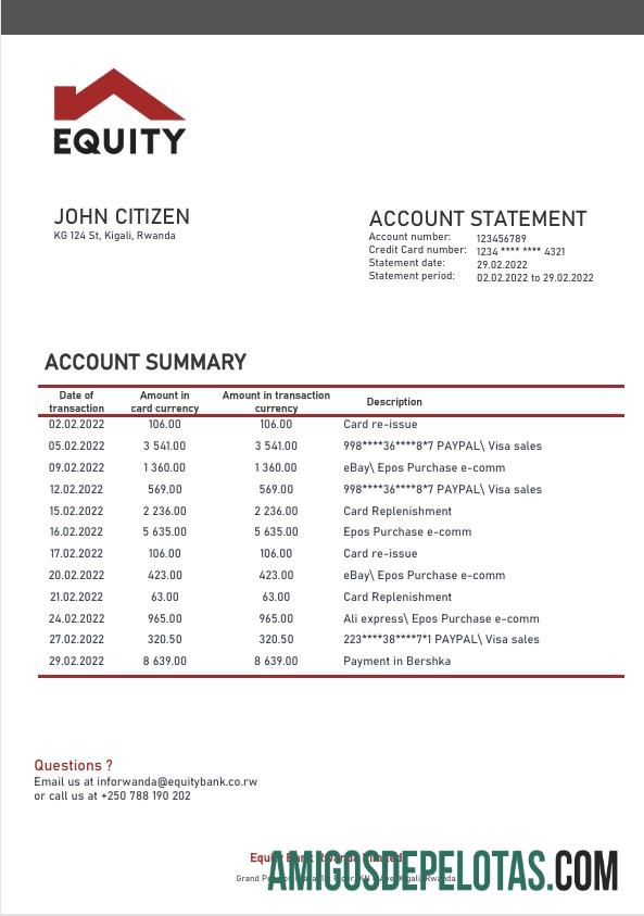 Modelo realista de comprovante de endereço do Ruanda Equity Bank em formato Word e PDF